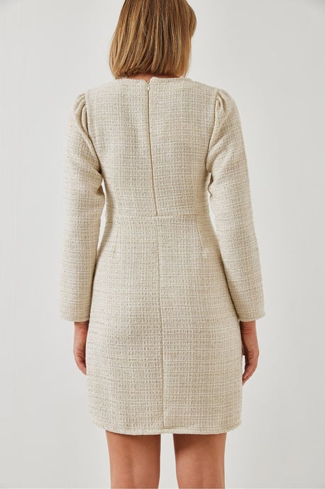 Knopf-Front-Tweed-Minikleid mit Rundhalsausschnitt - Image 3