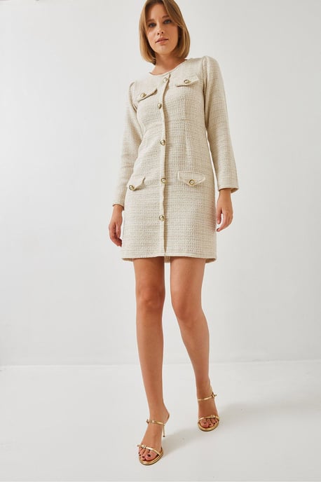 Knopf-Front-Tweed-Minikleid mit Rundhalsausschnitt - Image 4