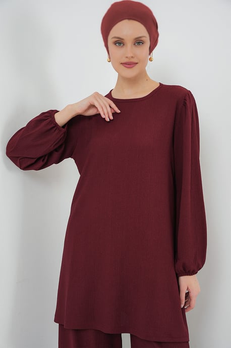 Texturierte Langarm-Tunika und weite Hose Set - Image 3