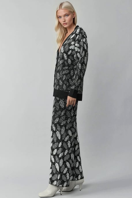 V-Ausschnitt Jacquard-Strickcardigan und weite Hosen Set - Image 2