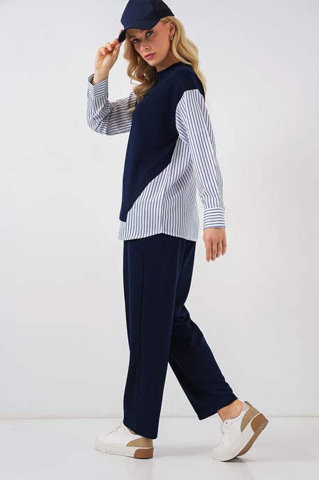 Gestreiftes Langarm Crew Neck Zweiteiliges Set - Image 1