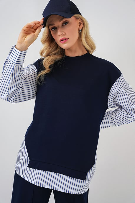 Gestreiftes Langarm Crew Neck Zweiteiliges Set - Image 2