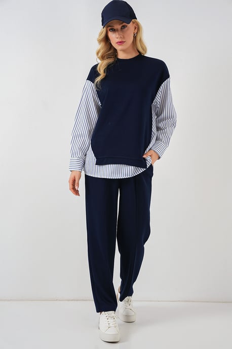 Gestreiftes Langarm Crew Neck Zweiteiliges Set - Image 3