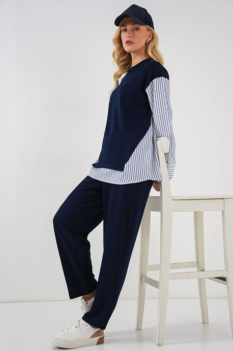 Gestreiftes Langarm Crew Neck Zweiteiliges Set - Image 5