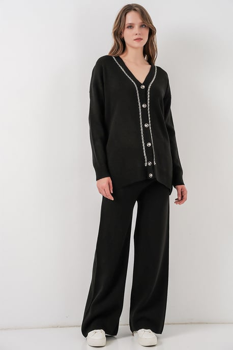 V-Ausschnitt Cardigan und Weit geschnittene Hose Set - Image 1