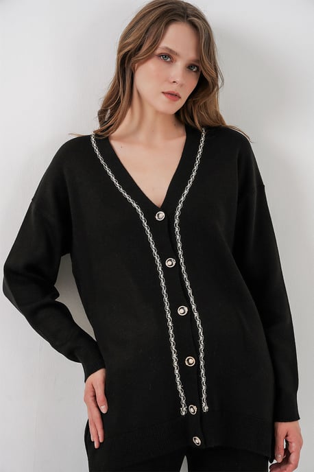 V-Ausschnitt Cardigan und Weit geschnittene Hose Set - Image 3