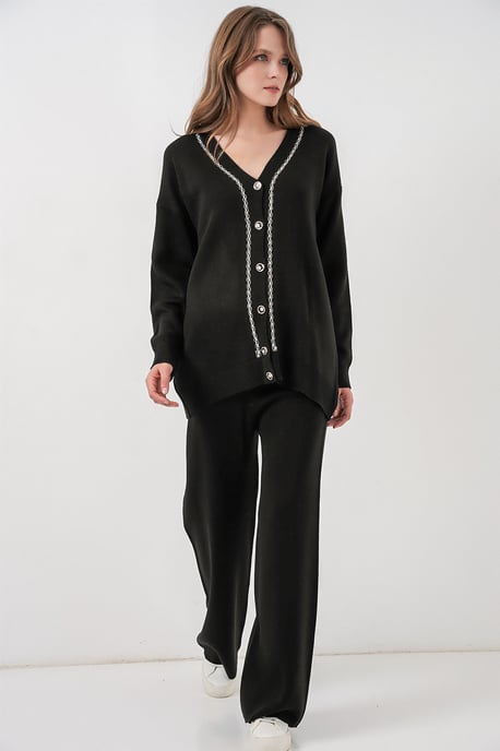 V-Ausschnitt Cardigan und Weit geschnittene Hose Set - Image 4