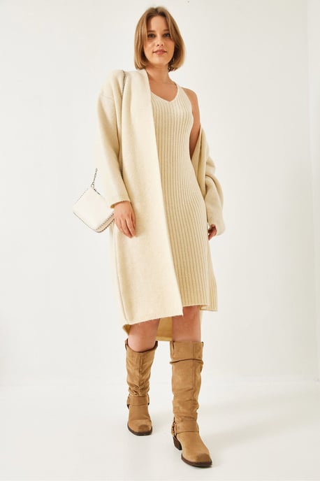 Strukturierter Strick V-Ausschnitt Cardigan-Kleid Zwei-teiliger Satz - Image 2