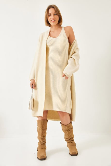 Strukturierter Strick V-Ausschnitt Cardigan-Kleid Zwei-teiliger Satz - Image 3