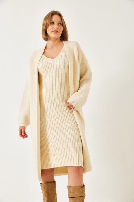 Strukturierter Strick V-Ausschnitt Cardigan-Kleid Zwei-teiliger Satz - Image 4