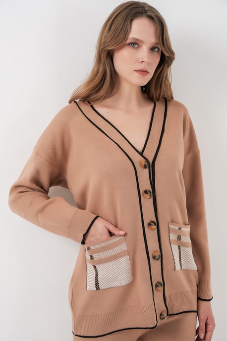Taschen, detaillierter V-Ausschnitt Cardigan und weit geschnittene Hose Set - Image 3