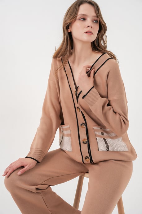 Taschen, detaillierter V-Ausschnitt Cardigan und weit geschnittene Hose Set - Image 4