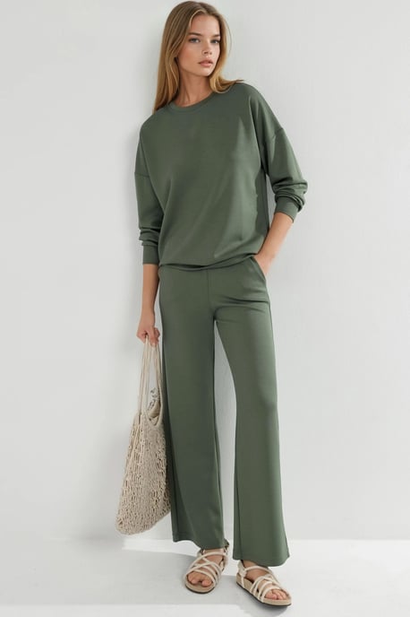 Modal Touch Rundhals Sweatshirt und Schlaghose zweiteiliges Set - Image 1