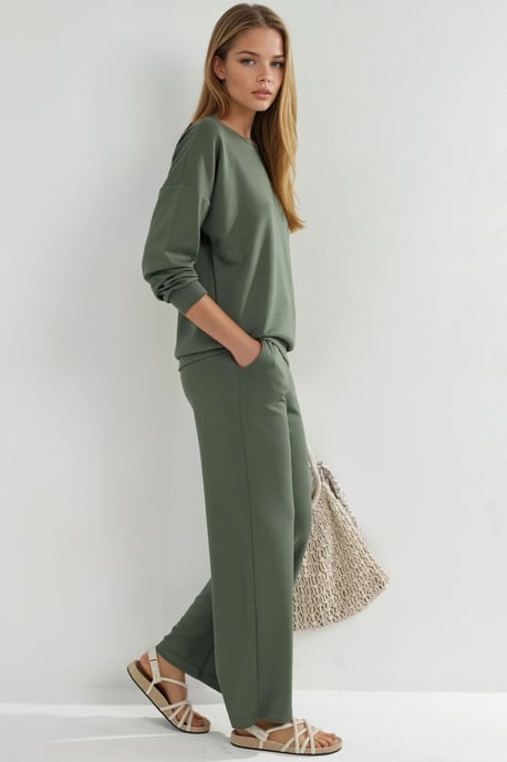 Modal Touch Rundhals Sweatshirt und Schlaghose zweiteiliges Set - Image 2