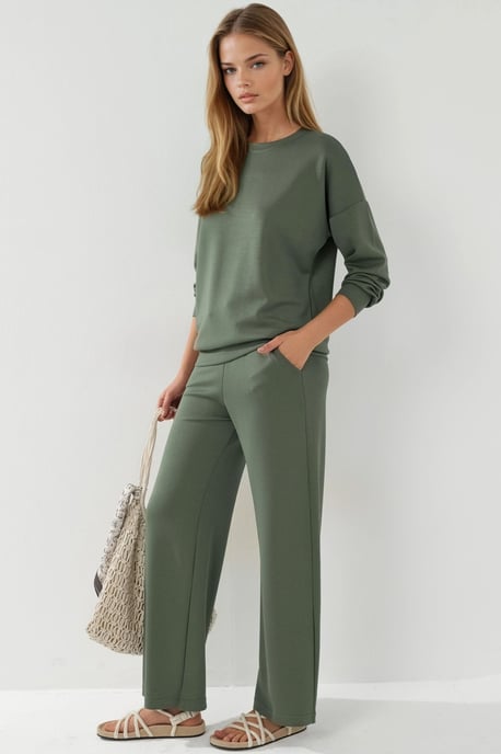 Modal Touch Rundhals Sweatshirt und Schlaghose zweiteiliges Set - Image 3