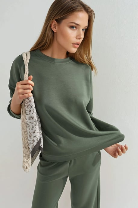 Modal Touch Rundhals Sweatshirt und Schlaghose zweiteiliges Set - Image 5