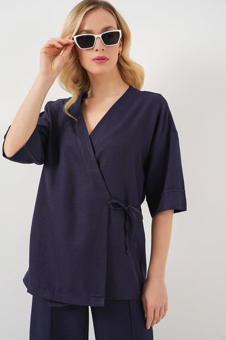 Übergrößen V-Ausschnitt Kimono-Hosenset mit Bindeband - Image 2