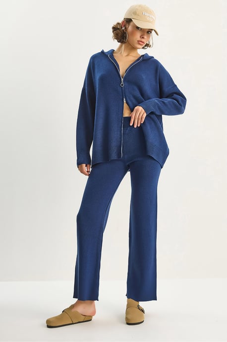 Hochtaillierter Reißverschluss-Kragen Cardigan und Hosen Set - Image 1