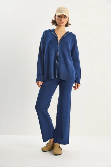 Hochtaillierter Reißverschluss-Kragen Cardigan und Hosen Set - Image 2