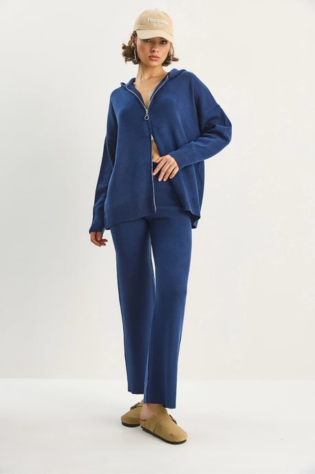 Hochtaillierter Reißverschluss-Kragen Cardigan und Hosen Set - Image 3