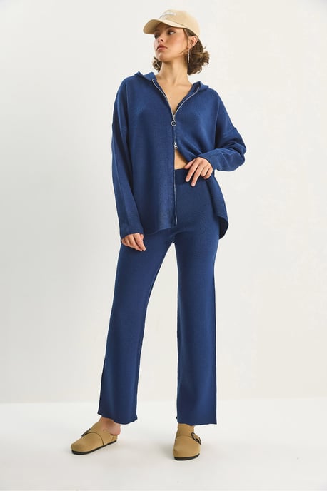 Hochtaillierter Reißverschluss-Kragen Cardigan und Hosen Set - Image 4