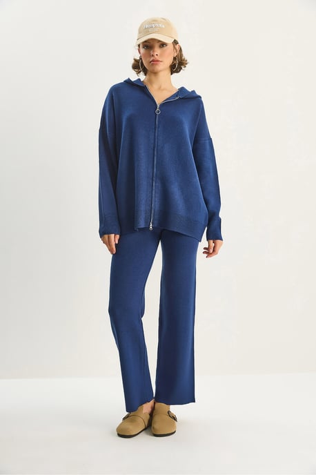 Hochtaillierter Reißverschluss-Kragen Cardigan und Hosen Set - Image 5