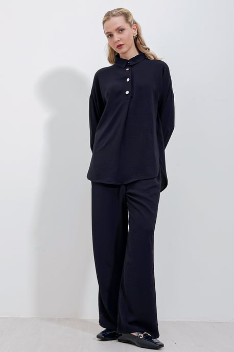 Big Dart Strukturierter Langarm‑Button‑Up‑Hemd und weiter Hosenanzug - Marineblau - Image 2