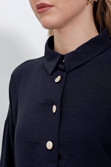 Big Dart Strukturierter Langarm‑Button‑Up‑Hemd und weiter Hosenanzug - Marineblau - Image 5