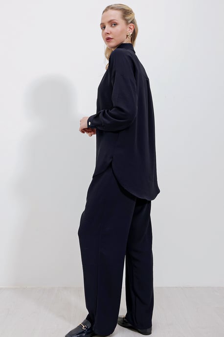Big Dart Strukturierter Langarm‑Button‑Up‑Hemd und weiter Hosenanzug - Marineblau - Image 6