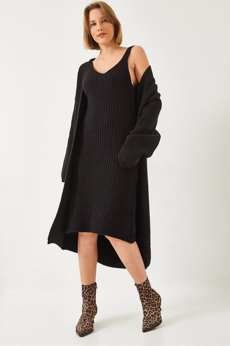Texturiertes Strickwaren V-Ausschnitt Cardigan-Kleid Zwei-Teile-Set - Image 1