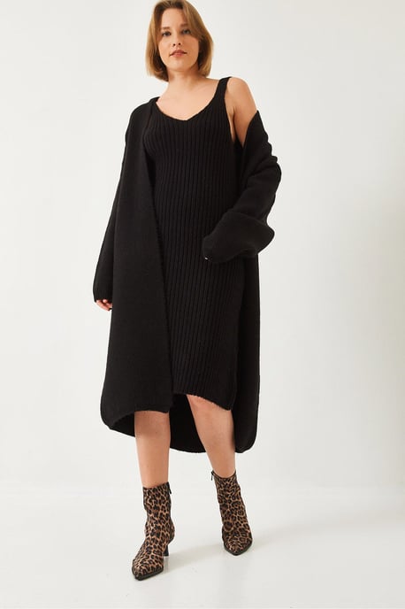 Texturiertes Strickwaren V-Ausschnitt Cardigan-Kleid Zwei-Teile-Set - Image 4