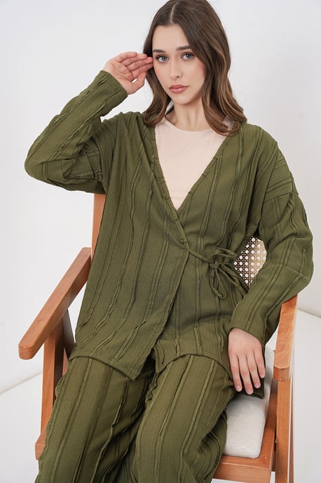 Texturiertes V-Ausschnitt Kimono mit Bindegürtel & weiter Hosen Set - Image 2