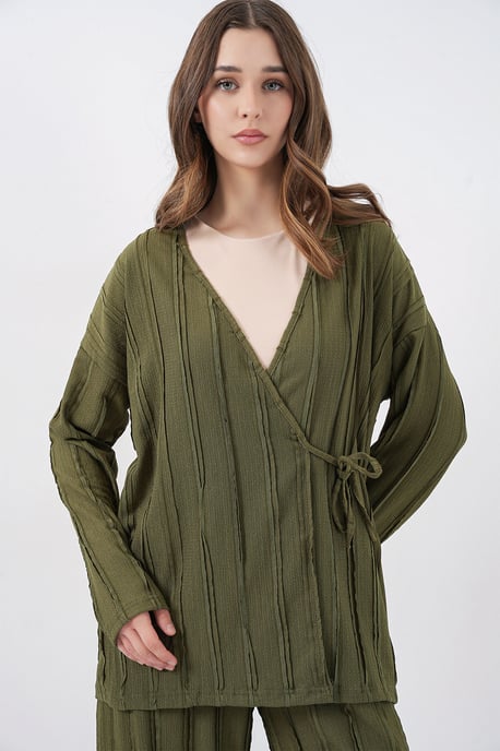 Texturiertes V-Ausschnitt Kimono mit Bindegürtel & weiter Hosen Set - Image 5