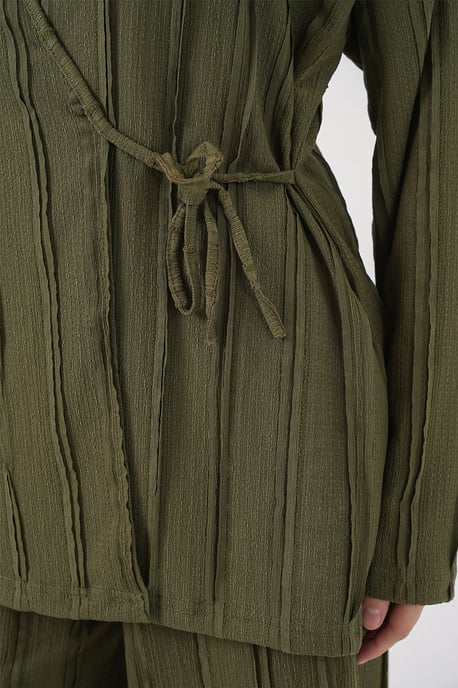 Texturiertes V-Ausschnitt Kimono mit Bindegürtel & weiter Hosen Set - Image 6