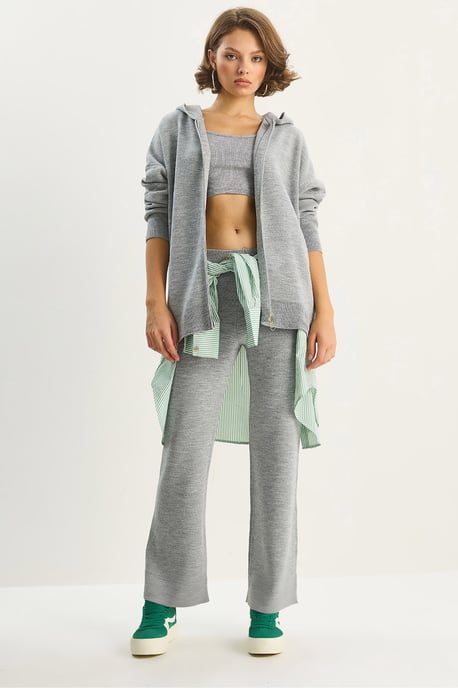 Bianco Lucci Hochtailliertes Set: Cardigan mit Reißverschlusskragen und Hose - Grau - Image 1