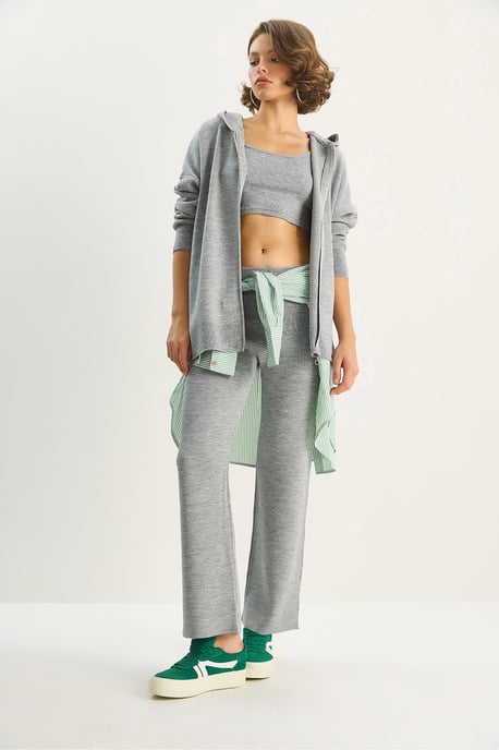 Bianco Lucci Hochtailliertes Set: Cardigan mit Reißverschlusskragen und Hose - Grau - Image 2