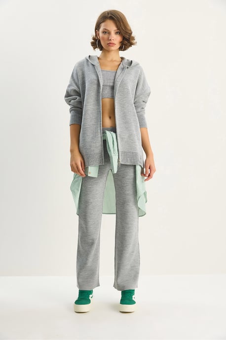 Bianco Lucci Hochtailliertes Set: Cardigan mit Reißverschlusskragen und Hose - Grau - Image 3