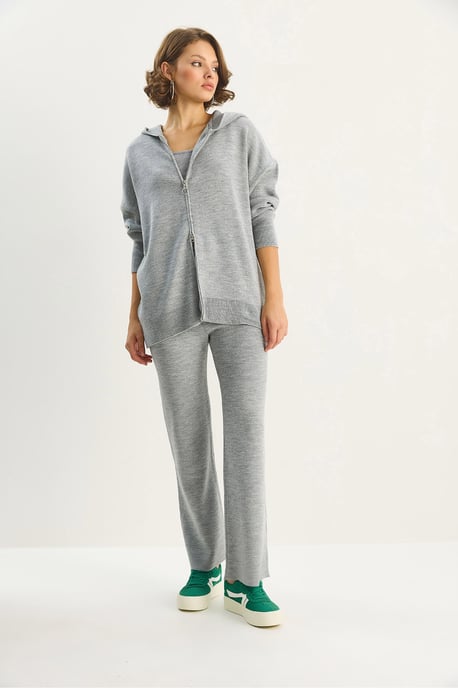 Bianco Lucci Hochtailliertes Set: Cardigan mit Reißverschlusskragen und Hose - Grau - Image 4