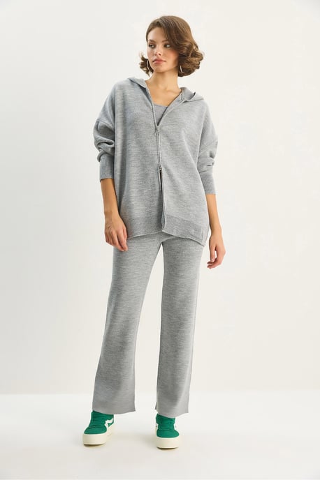 Bianco Lucci Hochtailliertes Set: Cardigan mit Reißverschlusskragen und Hose - Grau - Image 5