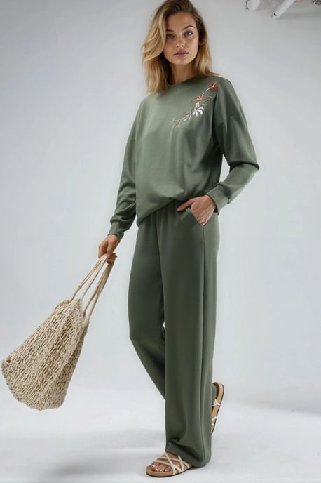 Bestickter Rundhals-Sweatshirt und gerade geschnittene Hose Zwei-Teile-Set - Image 5