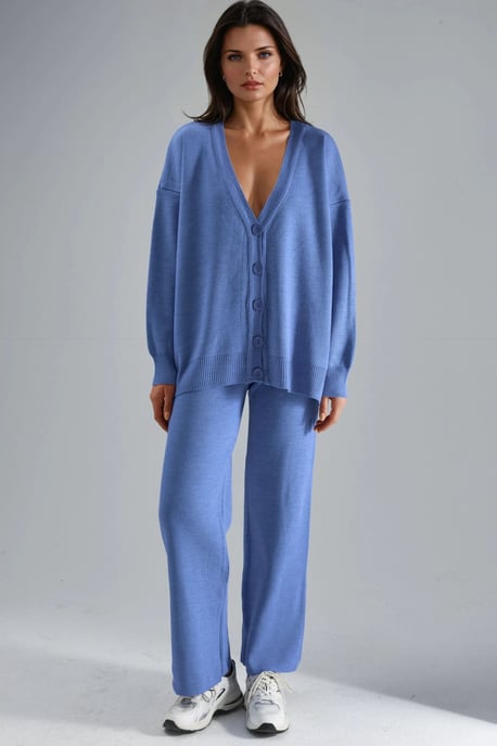 V-Ausschnitt Cardigan und Weite Hosen Strickset - Image 2