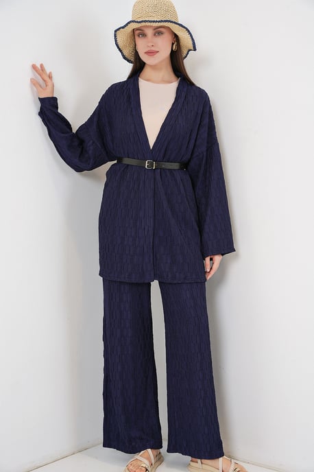 Strukturiertes Kimono-Hosen-Set mit Schalkragen - Image 1