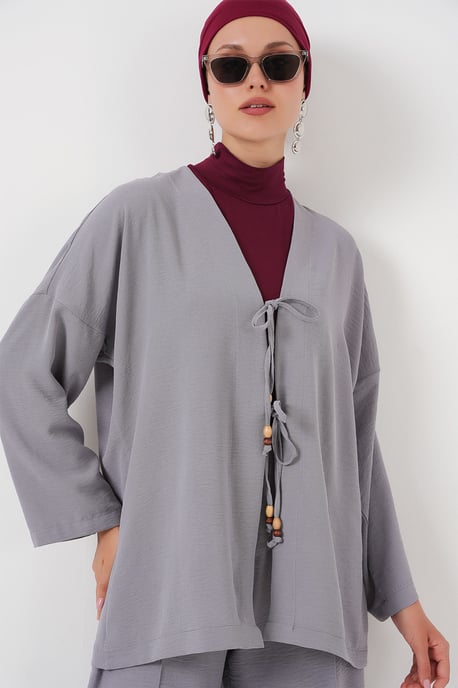 Strukturierter V-Ausschnitt langer Cardigan und Hosen Set - Image 2