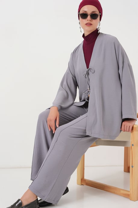 Strukturierter V-Ausschnitt langer Cardigan und Hosen Set - Image 3