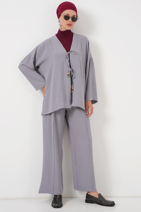 Strukturierter V-Ausschnitt langer Cardigan und Hosen Set - Image 4
