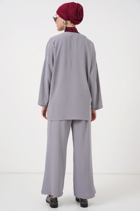 Strukturierter V-Ausschnitt langer Cardigan und Hosen Set - Image 6