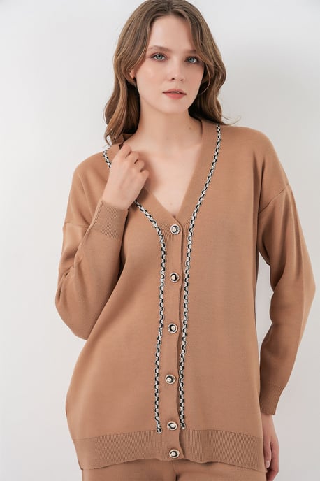 V-Ausschnitt Cardigan und Weit geschnittene Hose Set - Image 3