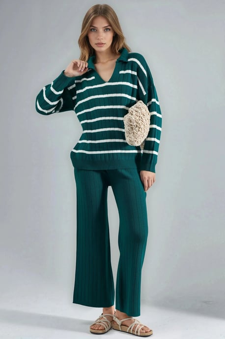 Gestreiftes Strick-Koordinationsset mit Polo-Kragen - Image 1