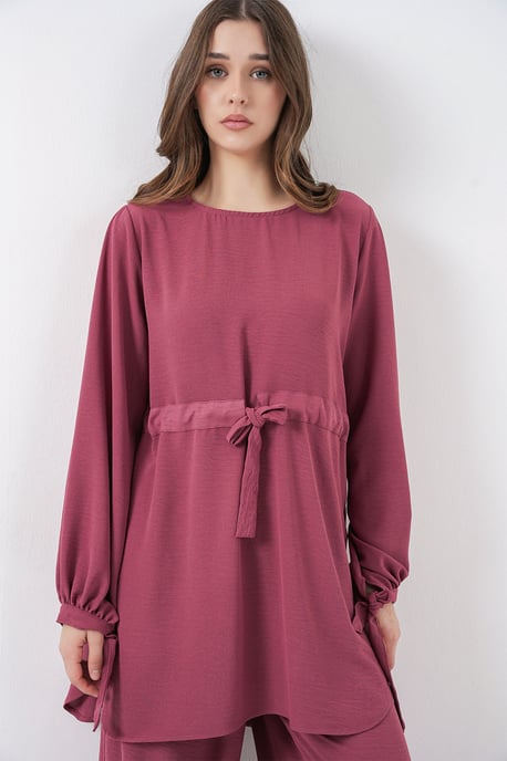 Crew-Neck-Tunika mit Krawatten-Detail und weiten Hosen Set - Image 2