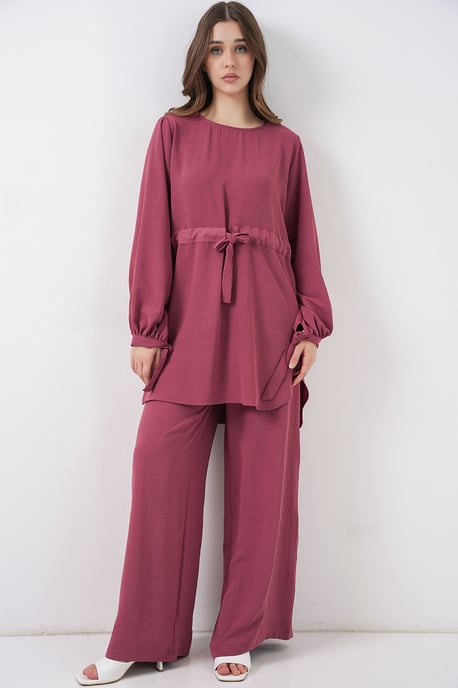 Crew-Neck-Tunika mit Krawatten-Detail und weiten Hosen Set - Image 3